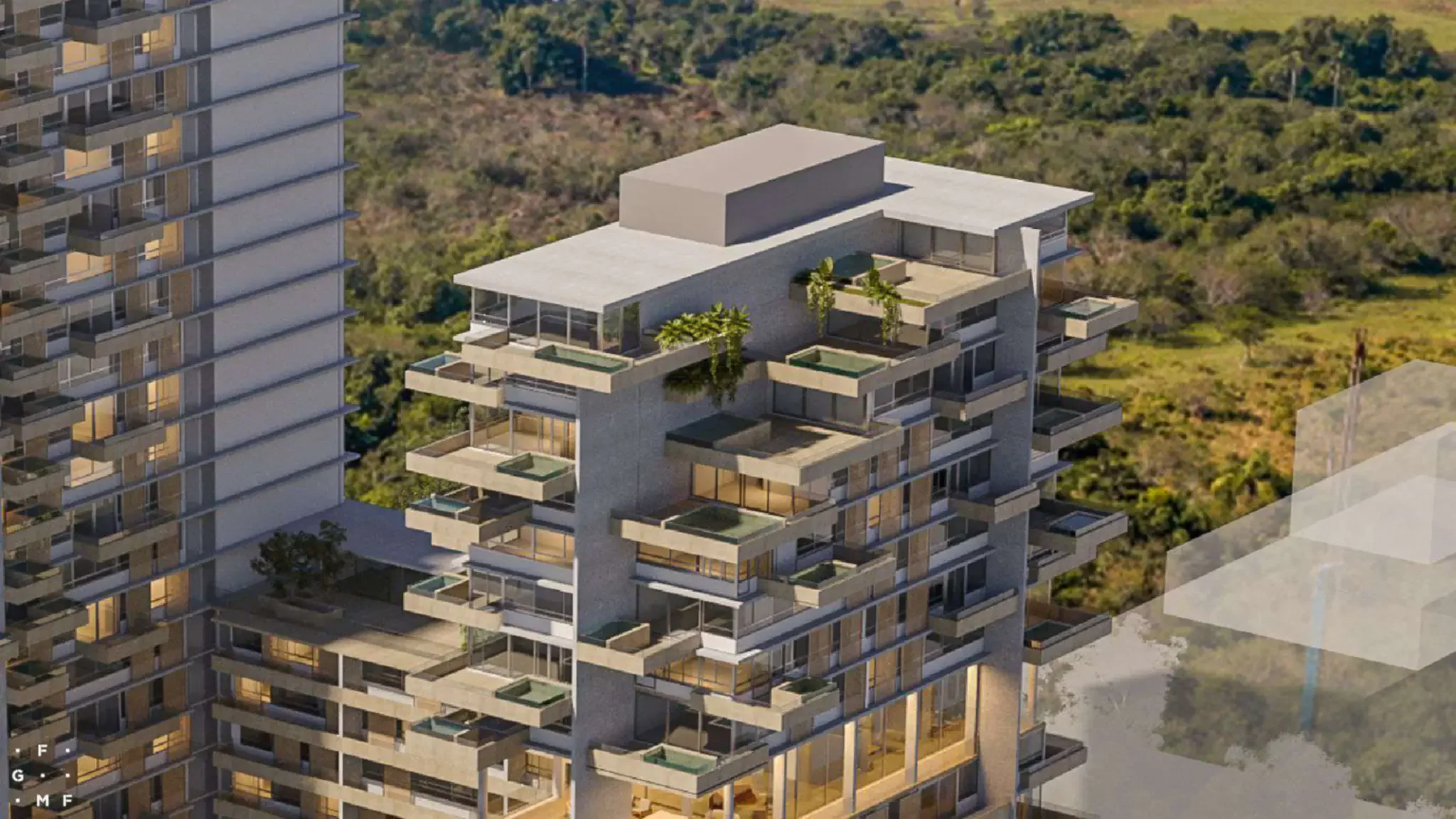 Fachada com terraços verdes